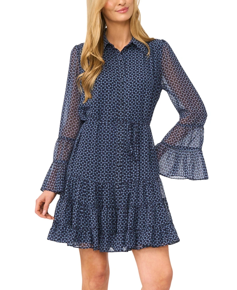 CeCe Women's Tiered Flounce-Sleeve Shirt Dress