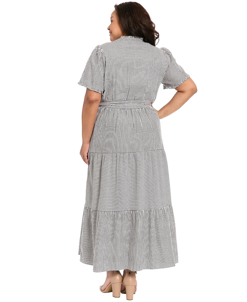 London Times Plus Size Stripe Tiered Ruffle Neck Dress