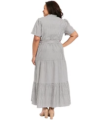 London Times Plus Size Stripe Tiered Ruffle Neck Dress