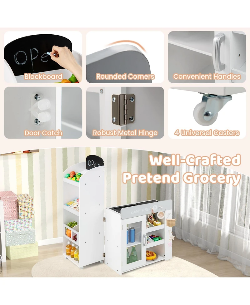 Mecale Kids Grocery Store Playset, Convertible Wooden Play Store with Shopping Cart for Pretend Play