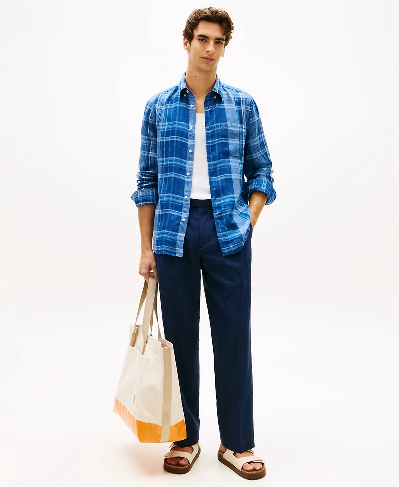 Tommy Hilfiger Men's Linen Collared Plaid Shirt