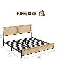 gaomon King Size Bed Frame Complete with a Rattan Headboard and Footboard, Boho King Mattress Frame, No Box Spring Needed, Noise-Free