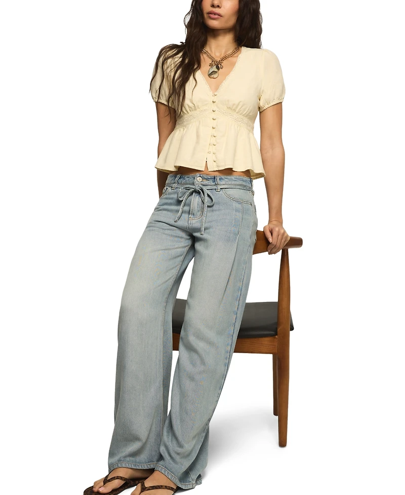 Lucky Brand Women's Drawstring Sleeves Lace Peplum V-Neck Top