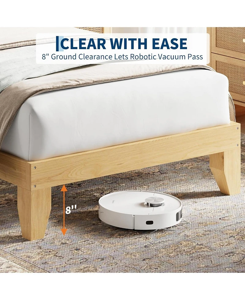 gaomon Rattan Bed Frame with Natural Rattan Headboard, Bohemian Rattan Bed Frame with Led Lights, Solid Wood Foundation