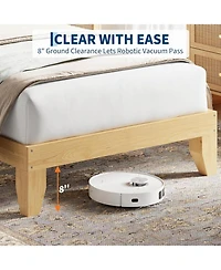 gaomon Rattan Bed Frame with Natural Rattan Headboard, Bohemian Rattan Bed Frame with Led Lights, Solid Wood Foundation