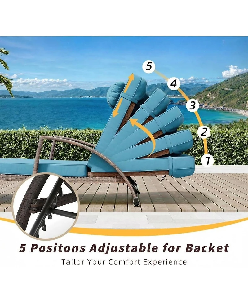 gaomon 2-Piece Rattan Patio Folding Chaise Lounge, 5-Position Adjustable Backrest with Cushion and Pillow for Poolside, Backyard, Deck