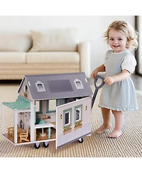 Robotime Dollhouses, Pretend Play Set Dollhouse with Wheels, Moveable Toy for Kids, 26.38"14.57"7.48
