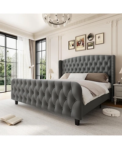 gaomon Bed Frame with Deep Button Tufted Wingback Headboard and Footboard, Velvet Upholstered Platform Bed Frame