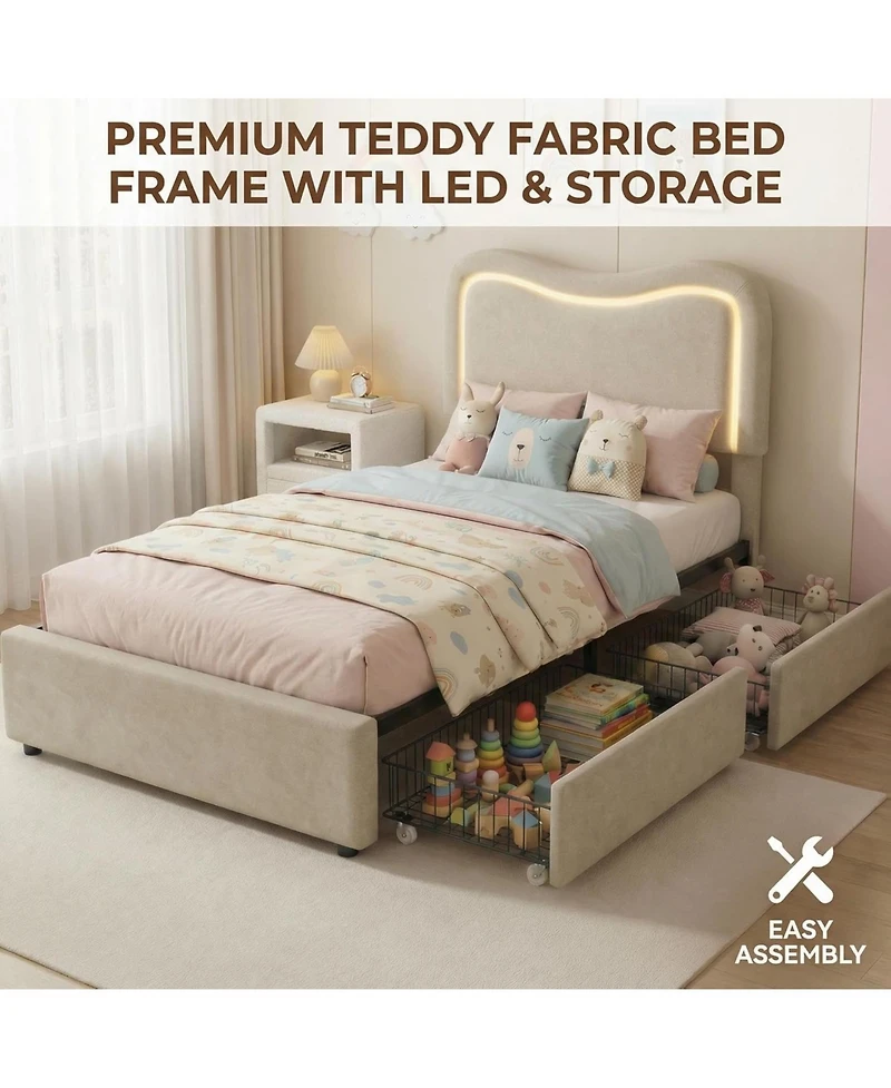 gaomon Boucle Bed Frame with 2 Storage Drawers, Upholstered Platform Bed with Led Headboard, Solid Wood Slats Support
