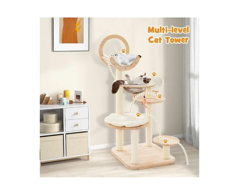 Aostirmotor 4-in-1 Wooden Cat Tower with Space Capsule Nest, Indoor Cat Tree for Climbing & Lounging