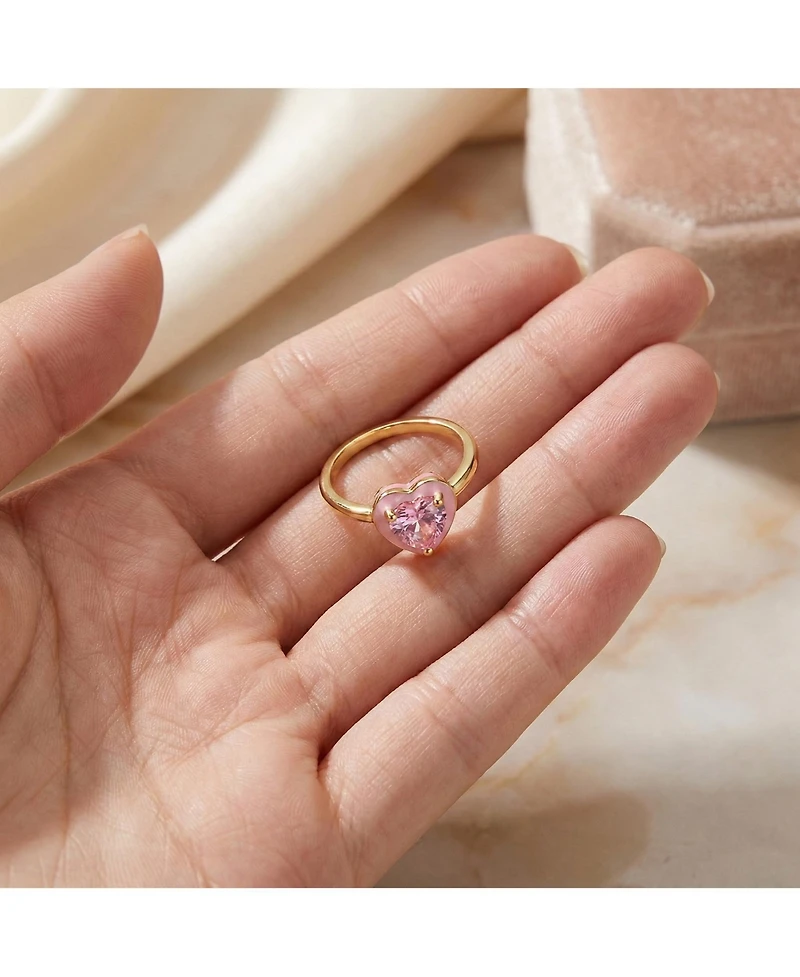 GiGiGirl Teens 14k Gold Plated with Pink Cubic Zirconia & Enamel Halo Heart Stacking Ring