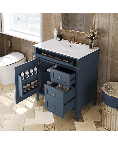 30" Blue Bathroom Vanity with Sink, Modern Freestanding Cabinet with 3 Soft Close Drawers & Adjustable Shelf for Bathroom Storage-Sillysis