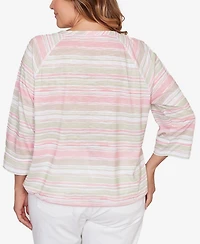 Hearts Of Palm Plus Printed Slub Blouson with Lace Up Neck