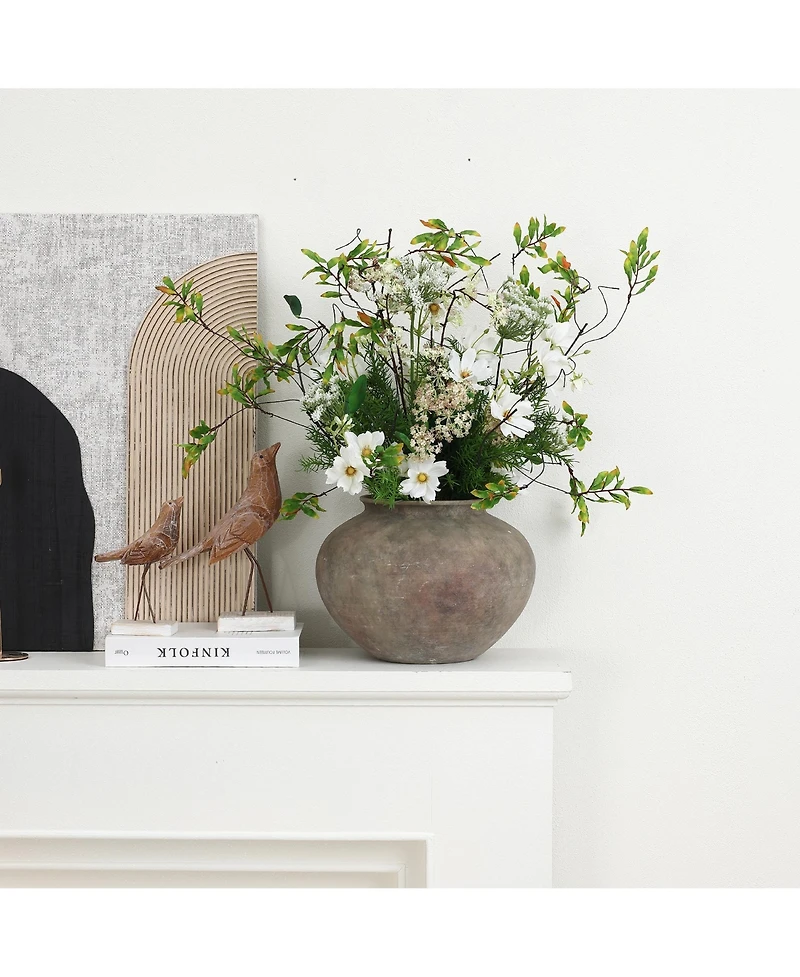 LuxenHome Rustic Ceramic Vase, 12.2" Wide Terracotta Pot with Earthy Gray-Brown Finish, Handcrafted