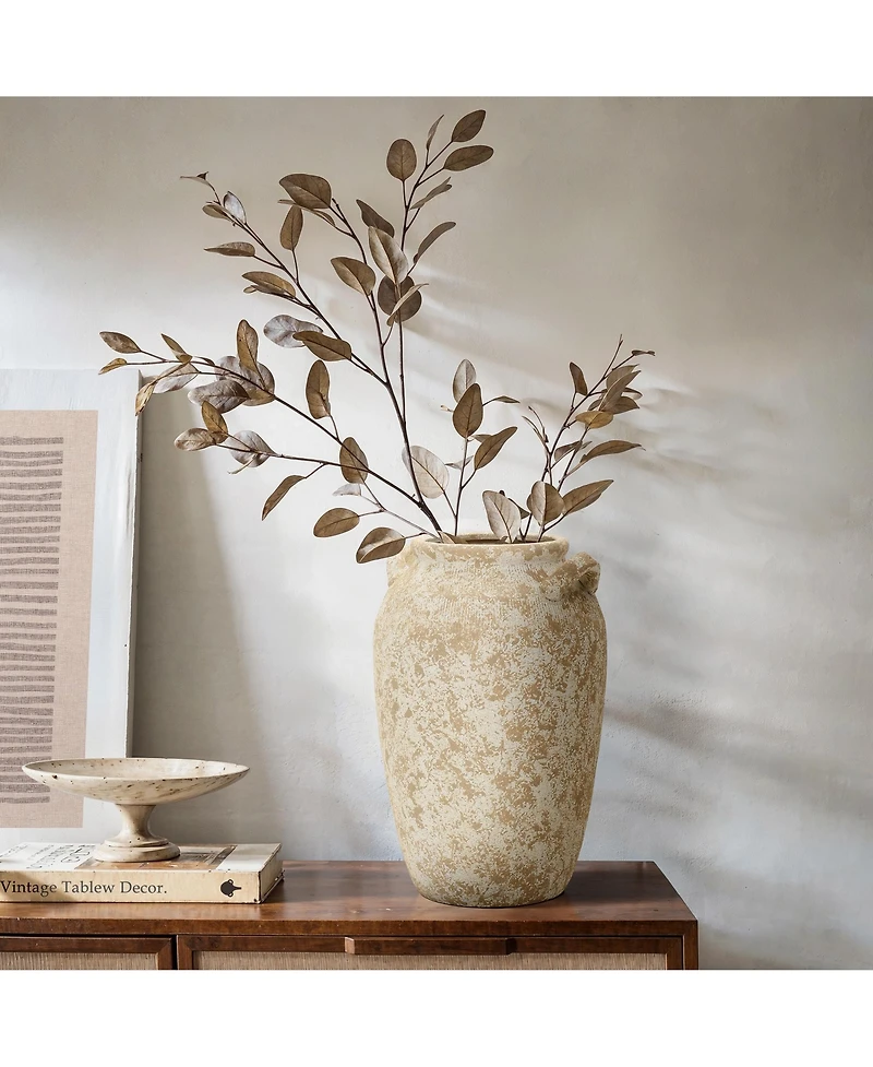 LuxenHome Vintage Pottery Off-White with Brown 15.75-Inch Tall Round Ceramic Vase