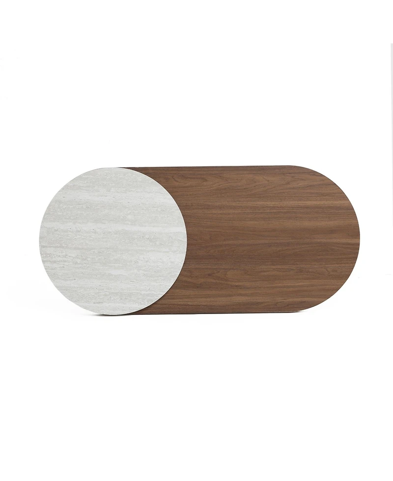 LuxenHome Travertine-Style and Walnut Finish Mdf Wood Oval Coffee Table
