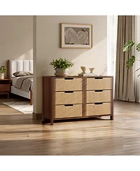 LuxenHome Walnut Finish Mdf Wood with Rope Front 6-Drawer Horizontal Dresser
