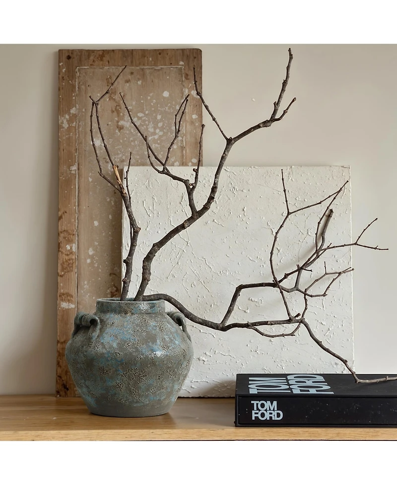 LuxenHome Antiqued Blue & Brown Terracotta Vase with Handles, 9" Round Farmhouse Vintage Pottery