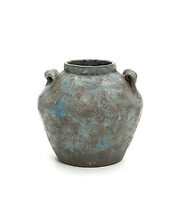 LuxenHome Antiqued Blue & Brown Terracotta Vase with Handles, 11" Round Farmhouse Vintage Pottery