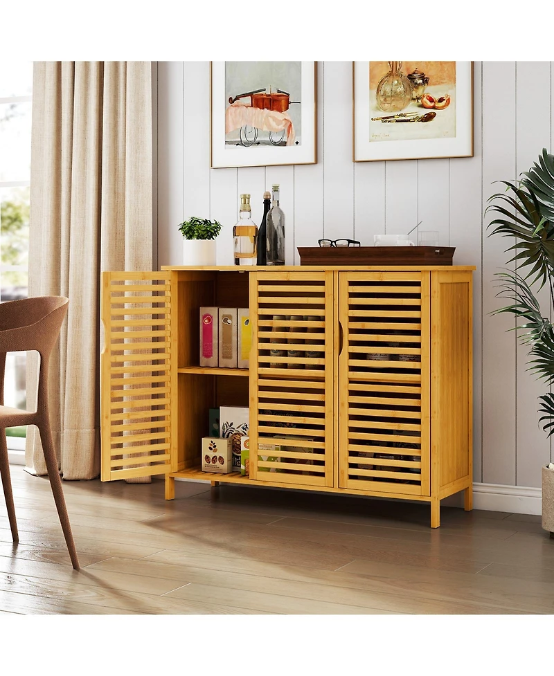 Gymax Bamboo Bathroom Cabinet 3-Door Storage Organizer w/ Shelves