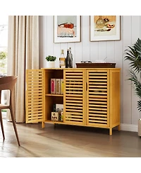 Gymax Bamboo Bathroom Cabinet 3-Door Storage Organizer w/ Shelves