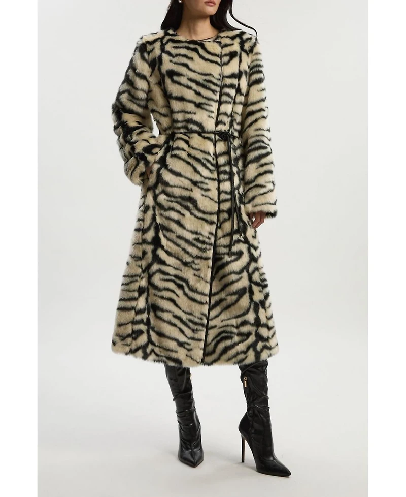 Karen Millen Women's Faux Fur Collarless Tie Belted Midi Coat