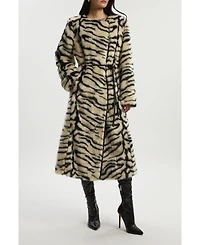 Karen Millen Women's Faux Fur Collarless Tie Belted Midi Coat