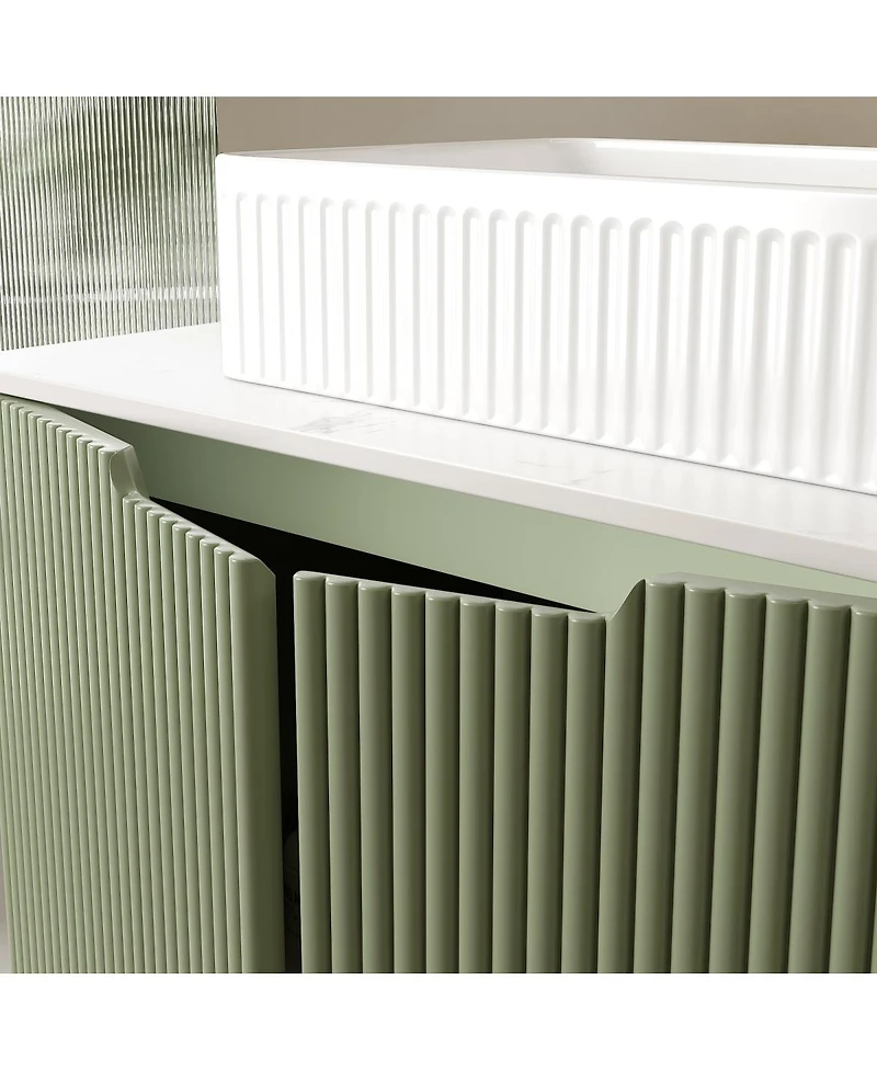 Sillysis 30'' Bathroom Vanity with Carrara Countertop, French Striped Ceramic Basin, Soft Close Doors & Large Storage for Modern Bathroom