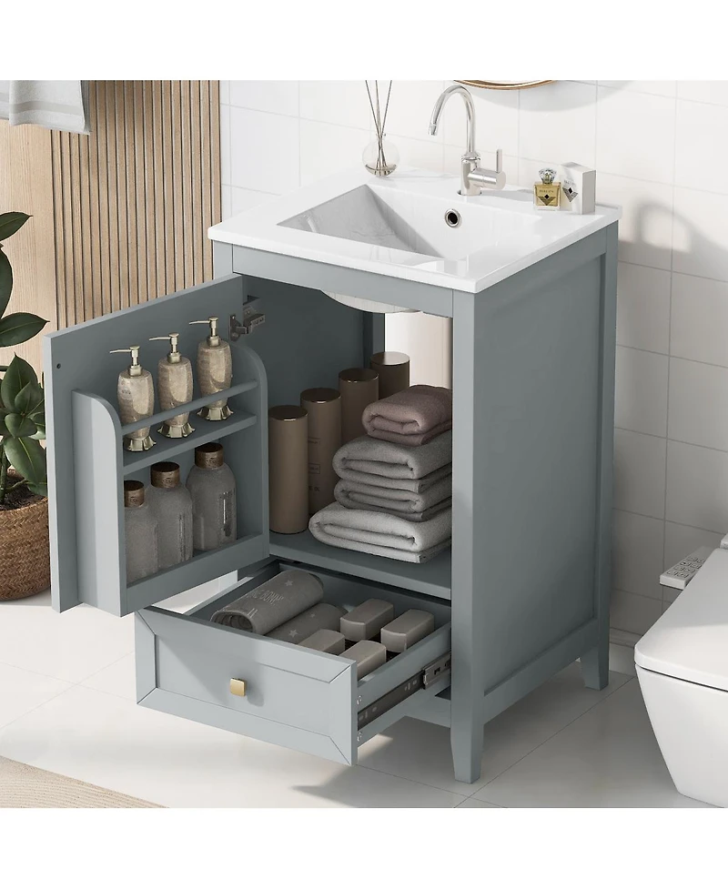Sillysis 20" Bathroom Vanity with Ceramic Sink, Modern Freestanding Mdf Cabinet, Storage Rack Drawer Soft Close for Small Spaces