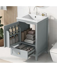 Sillysis 20" Bathroom Vanity with Ceramic Sink, Modern Freestanding Mdf Cabinet, Storage Rack Drawer Soft Close for Small Spaces