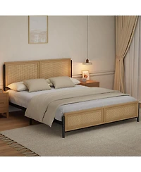 gaomon Full Size Bed Frame Complete with a Rattan Headboard and Footboard, Boho Full Mattress Frame, No Box Spring Needed, Noise-Free
