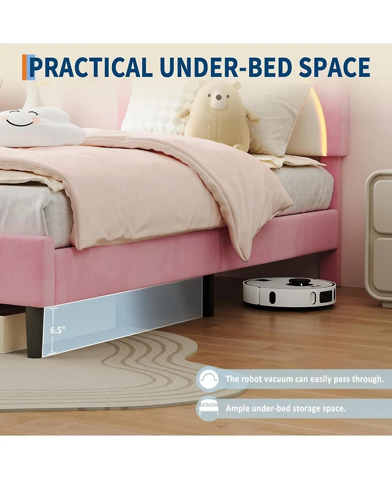 gaomon Twin Bed Frame, Kids Upholstered Platform Frame with Adjustable Headboard & Led Light, Wooden Slats Support, No Box Spring Needed