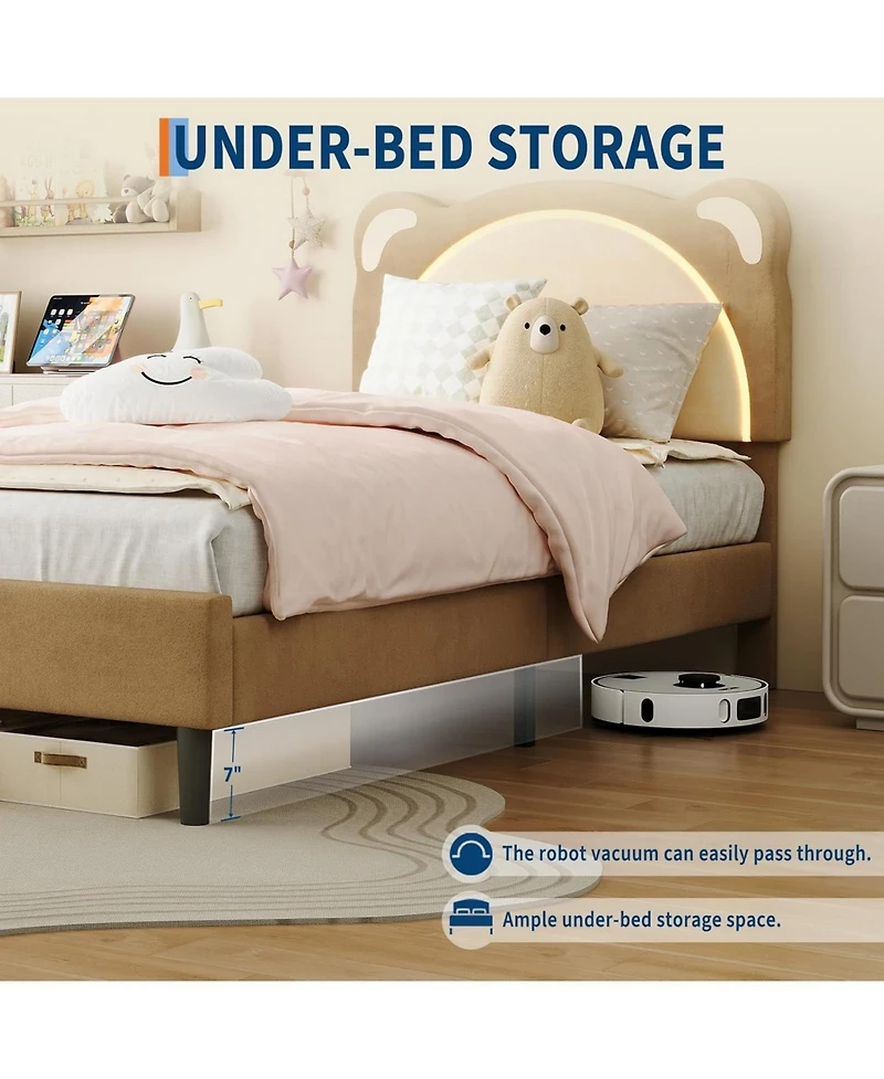 gaomon Twin Bed Frame, Kids Upholstered Platform Bed Frame with Adjustable Headboard & Led Light, Wooden Slats Support, No Box Spring Needed