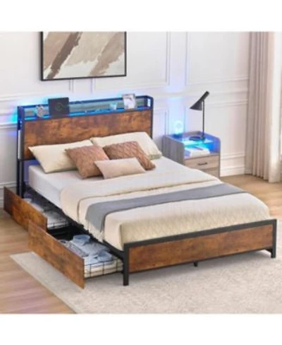 Gaomon Bed Frame With Led Lights Charging Station Metal Platform With Storage Headboard 4 Drawers Heavy Duty No Box Spring