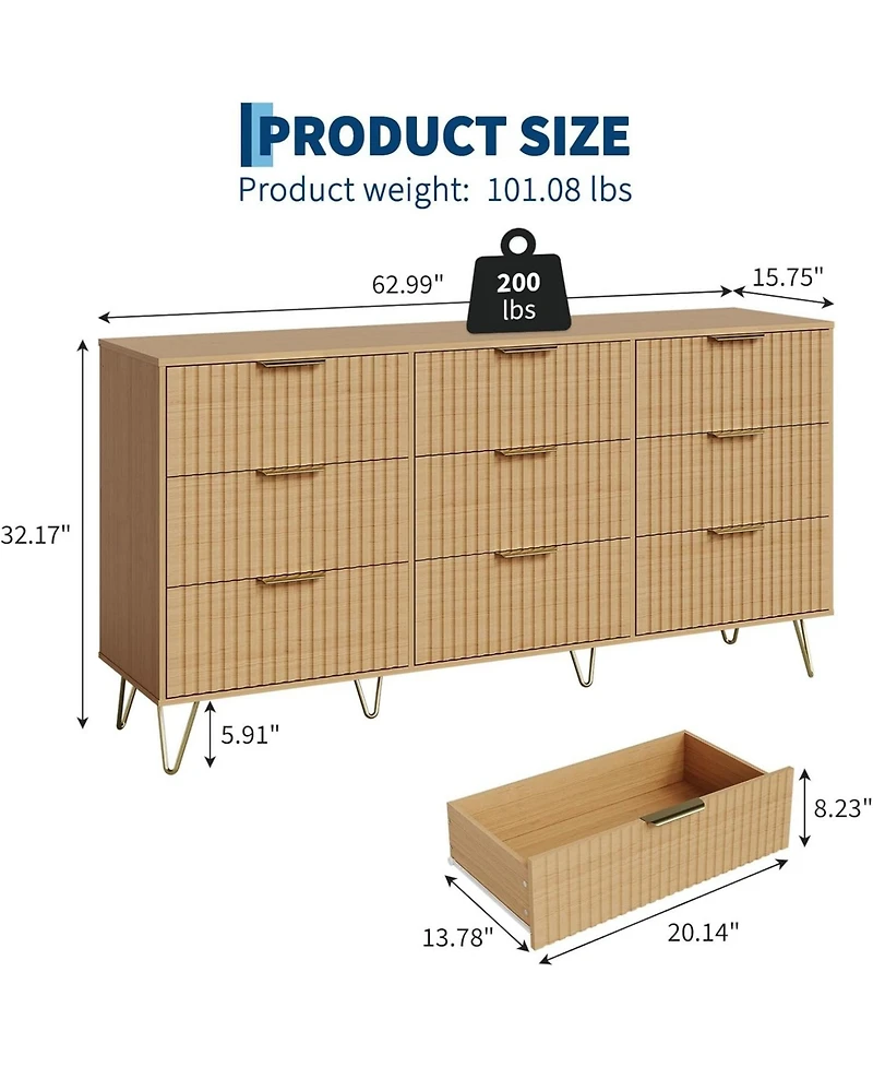gaomon Takywep Fluted 9-Drawer Dresser for Bedroom, 63" Wide Modern Minimalist Chest of Wooden Drawers,Wide Clothes Storage Organizer