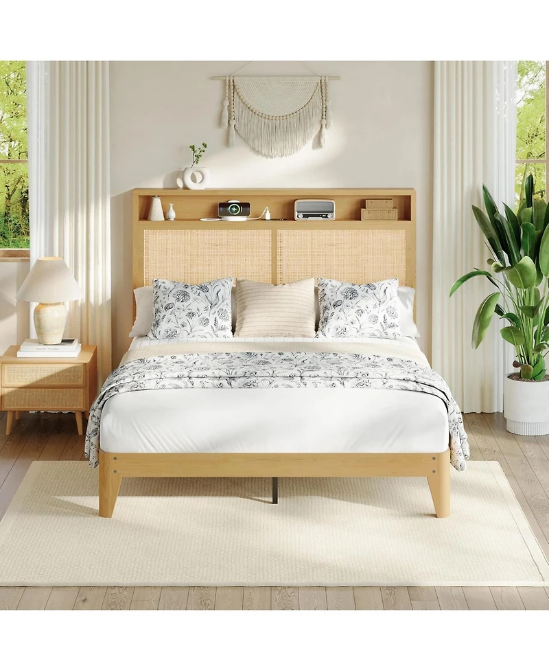 gaomon Rattan Size Bed Frame with Led Lights, Boho Wood Bed Frame with Storage Headboard & Charging Station, Silent Slats