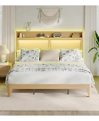 gaomon Rattan Size Bed Frame with Led Lights, Boho Wood Bed Frame with Storage Headboard & Charging Station, Silent Slats, No Box Spring Needed