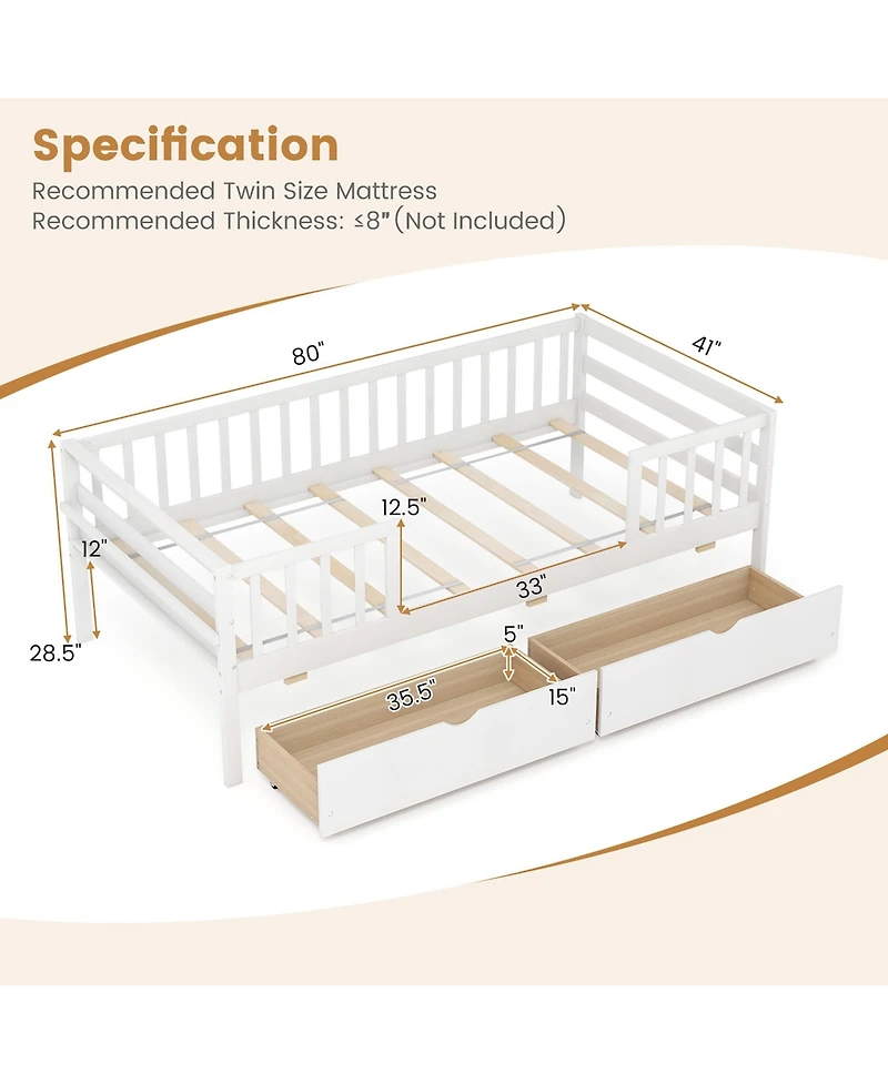Gymax Twin Size Kids Bed w/ Storage 2 Pull-out Drawers Side Shelf for Children & Teens