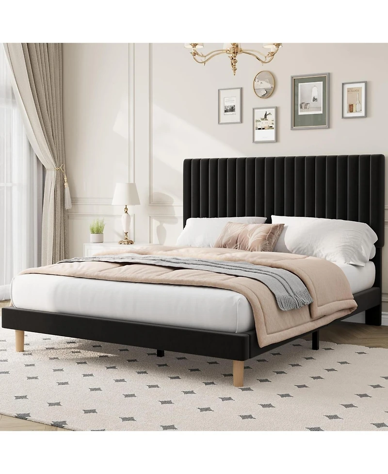 gaomon Bed Frame with Adjustable Headboard, Velvet Upholstered Platform Frame, Vertical Channel Tufted