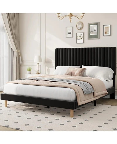 gaomon Queen Bed Frame with Adjustable Headboard, Velvet Upholstered Platform Queen Size Bed Frame, Vertical Channel Tufted, Strong Wooden Slats