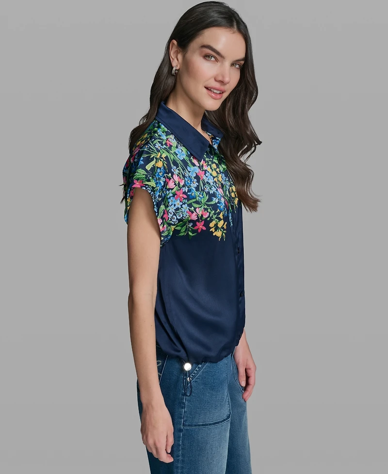 Karl Lagerfeld Paris Women's Short-Sleeve Floral Printed Camp Shirt