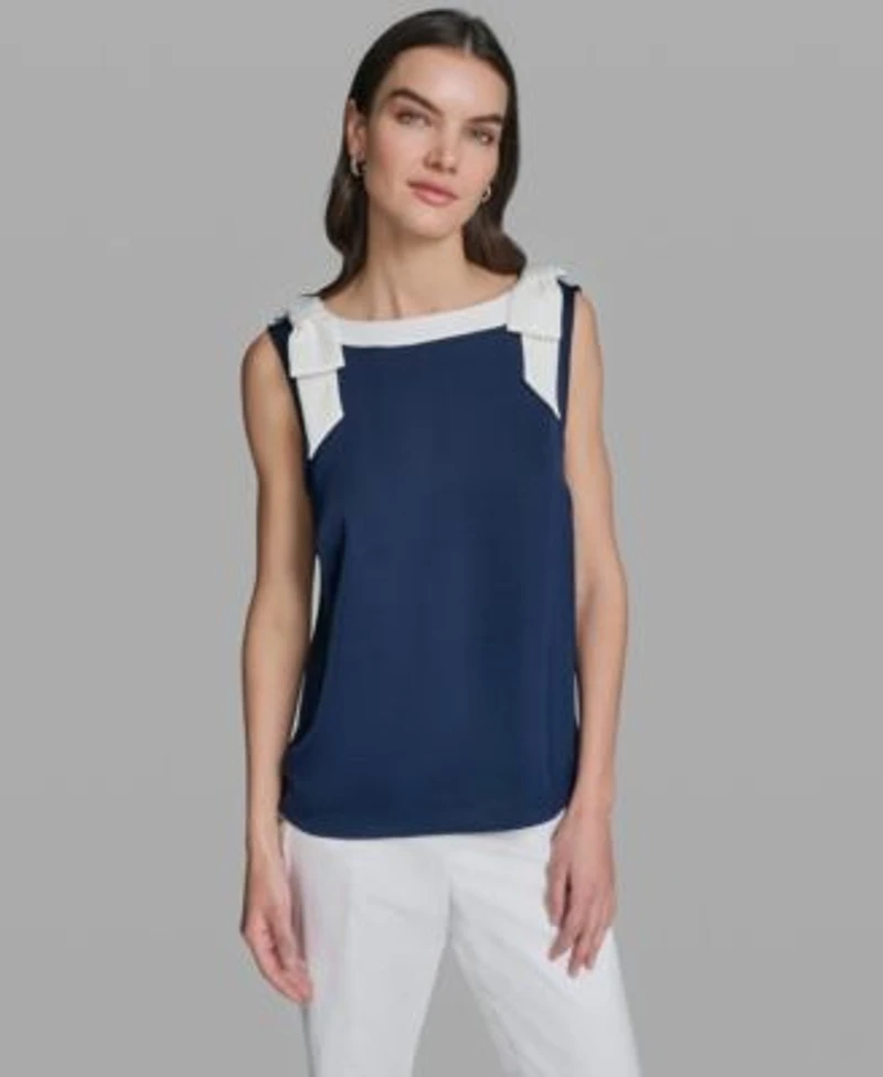 Karl Lagerfeld Paris Womens Sleeveless Boat Neck Bow Strap Tank Top