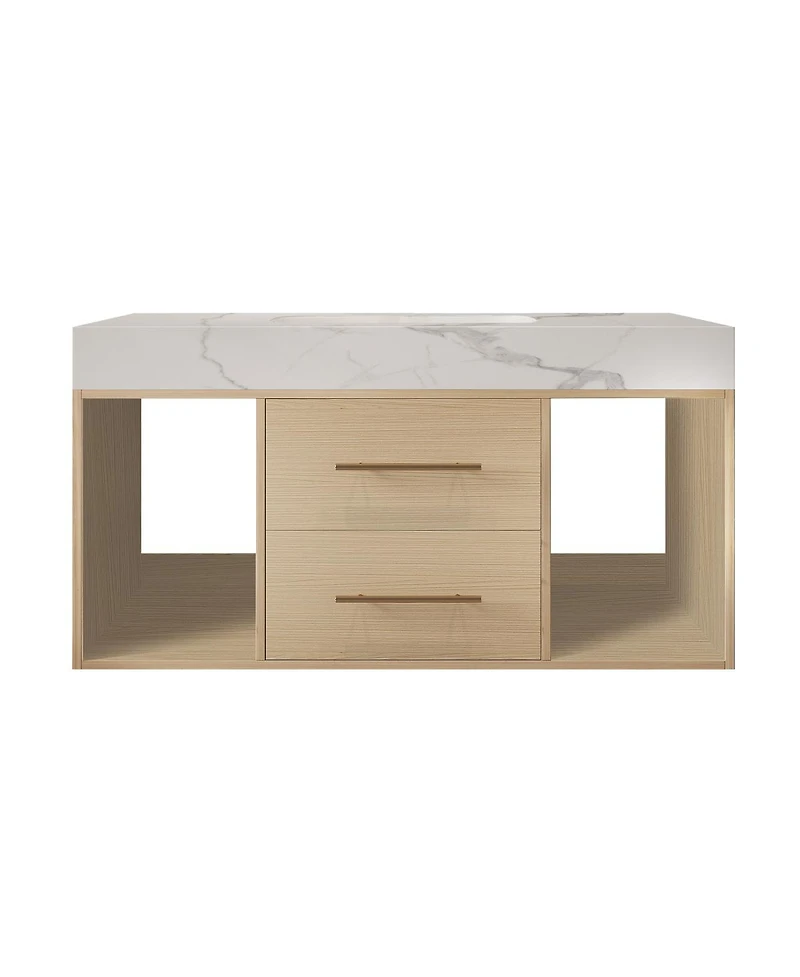 Sillysis Floating Bathroom Vanity with Ceramic Sink, Sintered Stone Top, 2 Soft Close Drawers, Wall Mounted Modern Cabinet