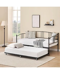 gaomon Daybed with Trundle, Metal Twin Size Daybed with Pullout Trundle 6 Casters, Steel Slat Support Sofa Bed for Living Room, Bedroom