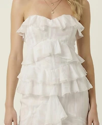 Modenaire Women's Strapless Raw Edge Tiered Ruffle Maxi Dress