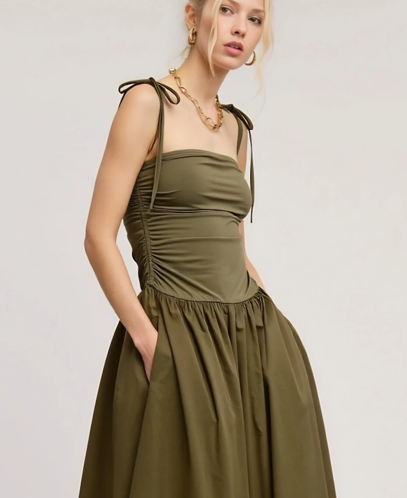 Modenaire Women's Ruched Tie-Strap Midi Dress