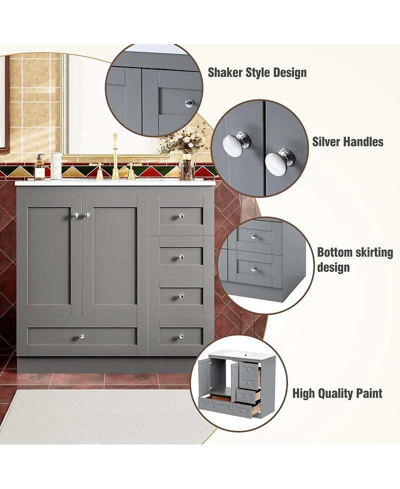 Sillysis 36" Shaker Bathroom Vanity with Ceramic Sink,Freestanding Mdf Cabinet, Soft-Close Drawers & 2 Doors for Modern Storage