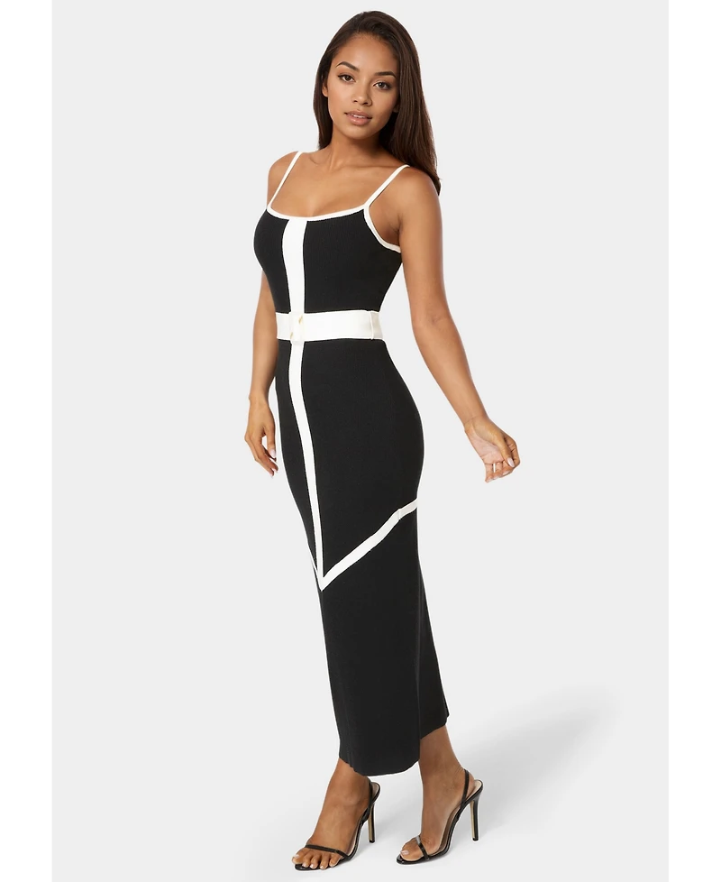 Bebe Women's Rib V-Neck Bodycon Maxi Dress with Belt