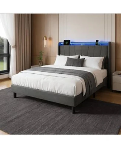 Gaomon Bed Frame With Led Lights Charging Station Fabric Upholstered Platform Bed Frame With Headboard No Box Spring Needed Bedframe