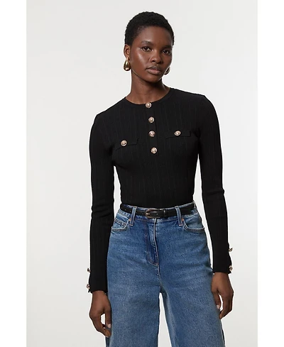 Karen Millen Women's Military Trim Rib Long Sleeve Knit Top